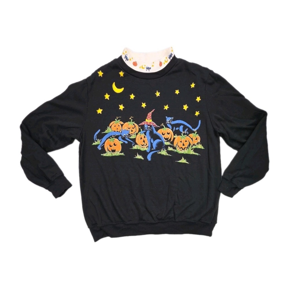 Vintage 90s Halloween Sweatshirt Black Cats Pumpkin Patch Moon Wrangler Women L